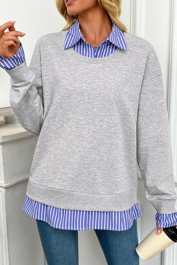 Light Grey Striped Collar 2-in-1 Patchwork Casual Loose Sweatshirt