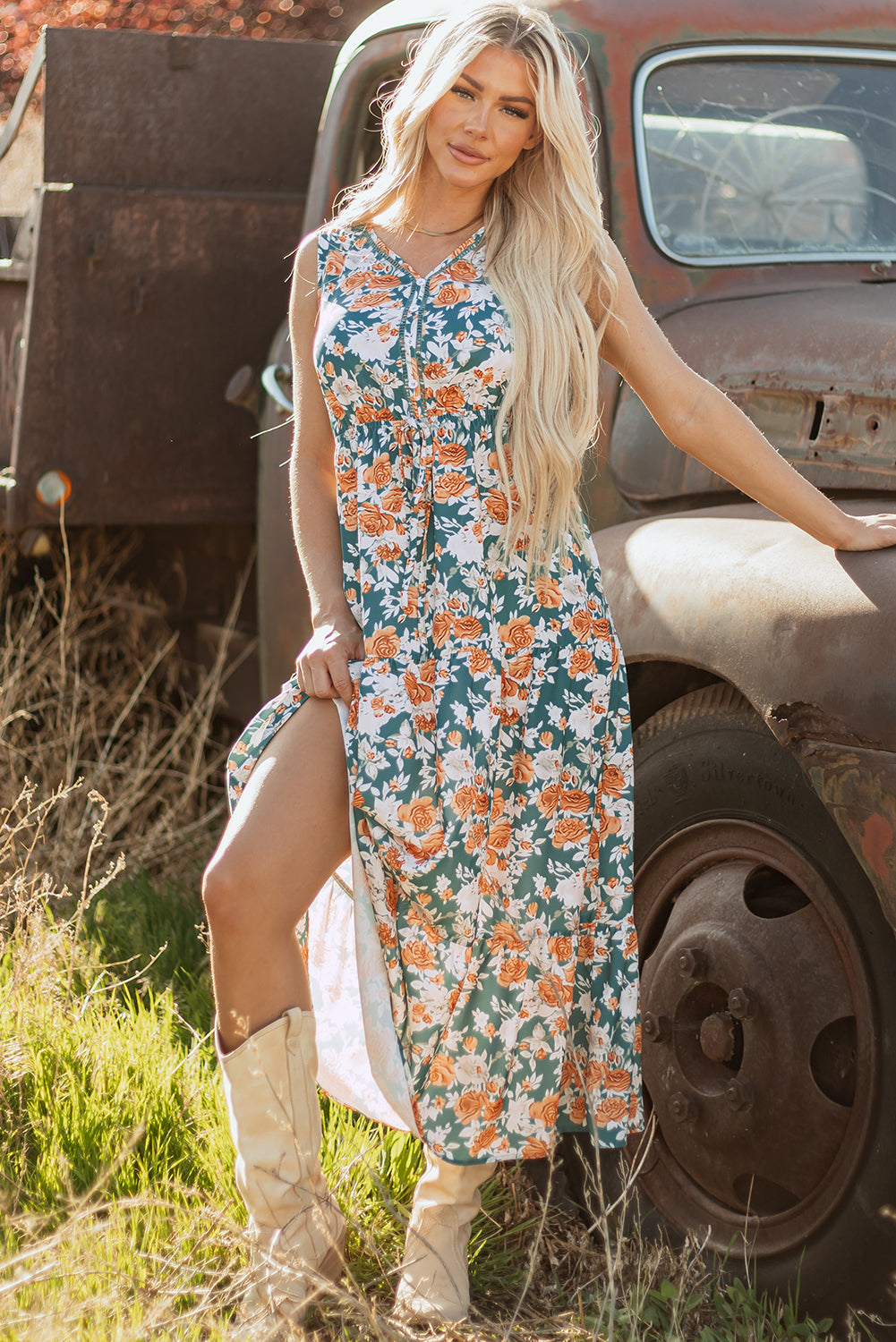 floral print trimmed v neck tie waist sleeveless holiday long dress