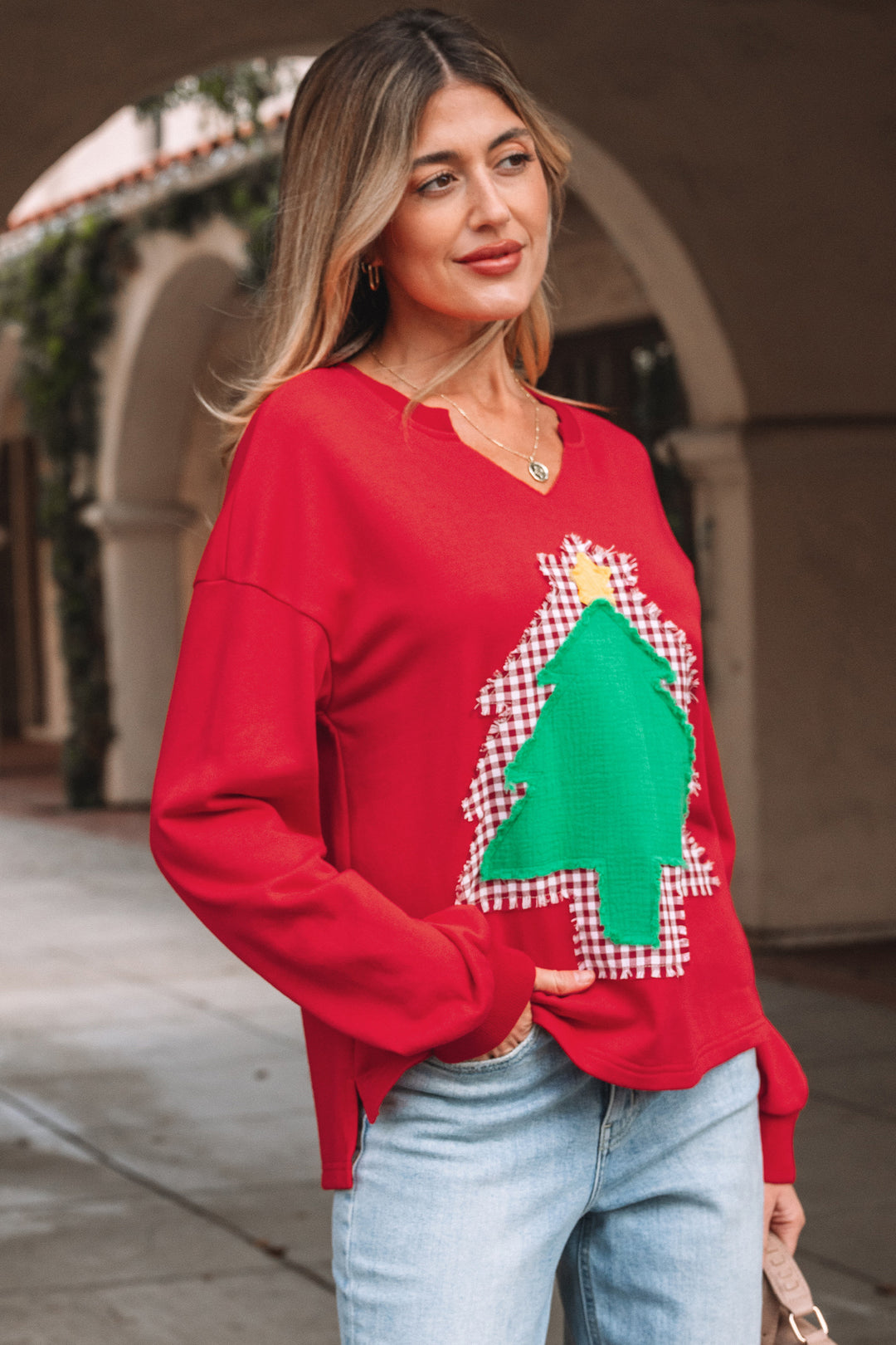 Plaid Frayed Double Christmas Tree Patched Drop Shoulder Sweatshirt