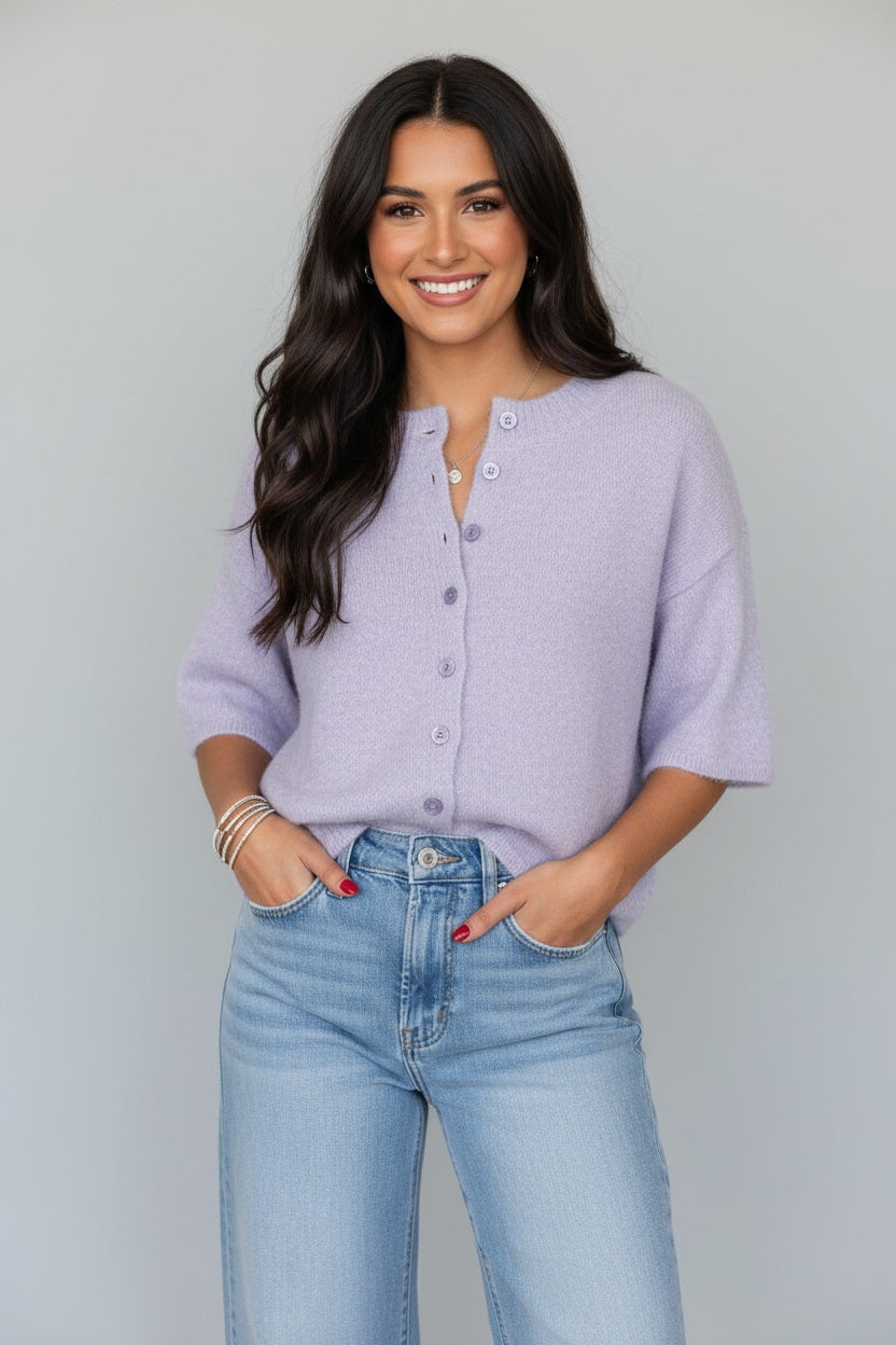 Lavendula 3/4 Sleeve Boxy Knit Button Down Sweater Cardigan