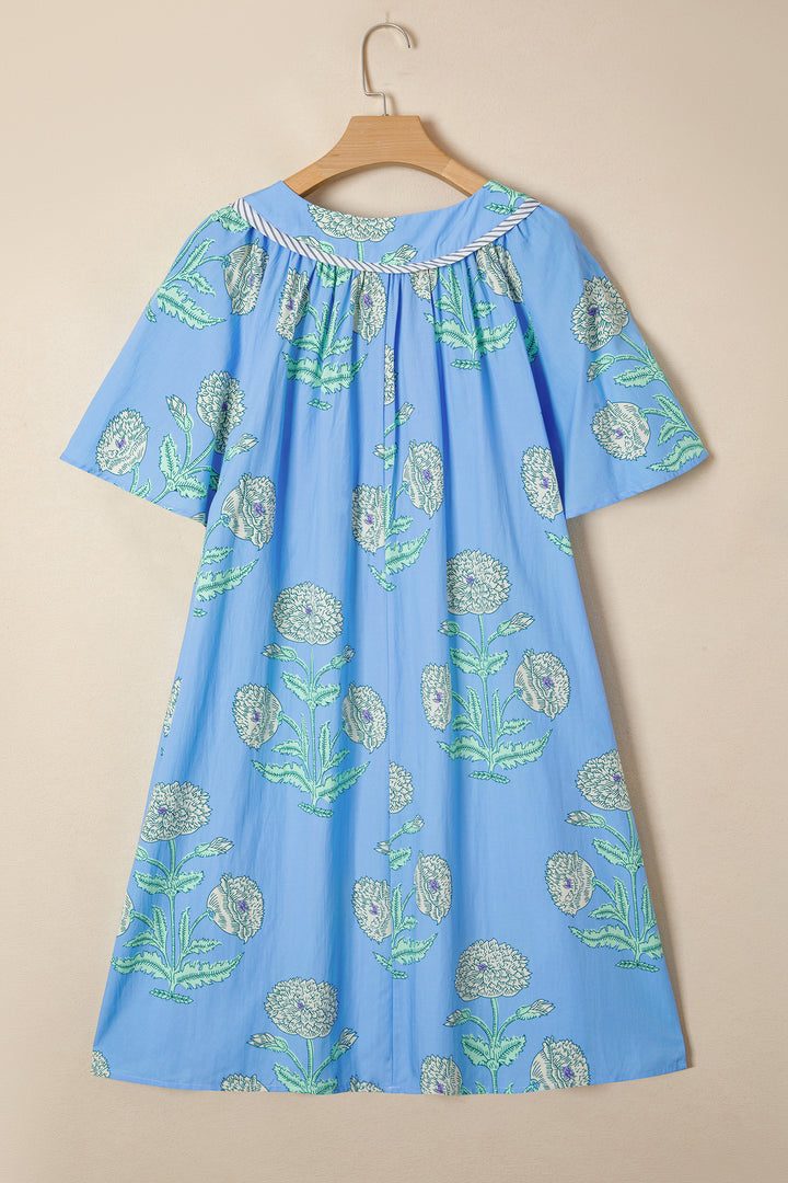 Sky Blue Plus Periwinkle Floral Printed Short Sleeve Mini Dress