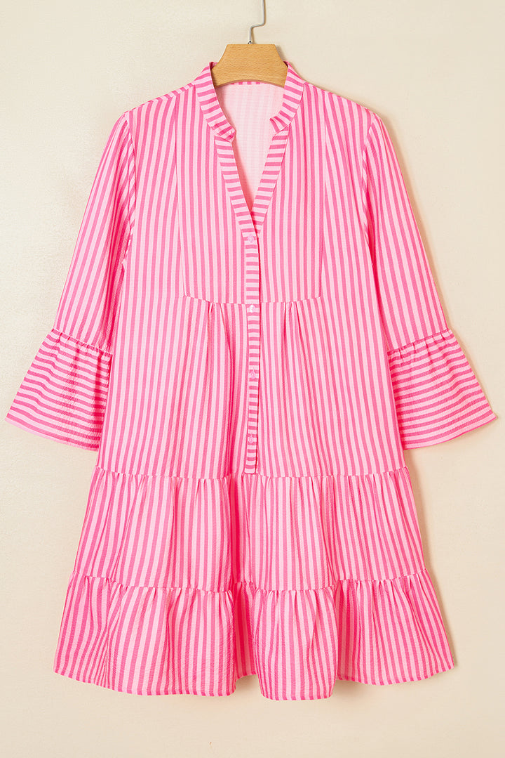 Flare Sleeve Half Placket Tiered Flowy Mini Dress