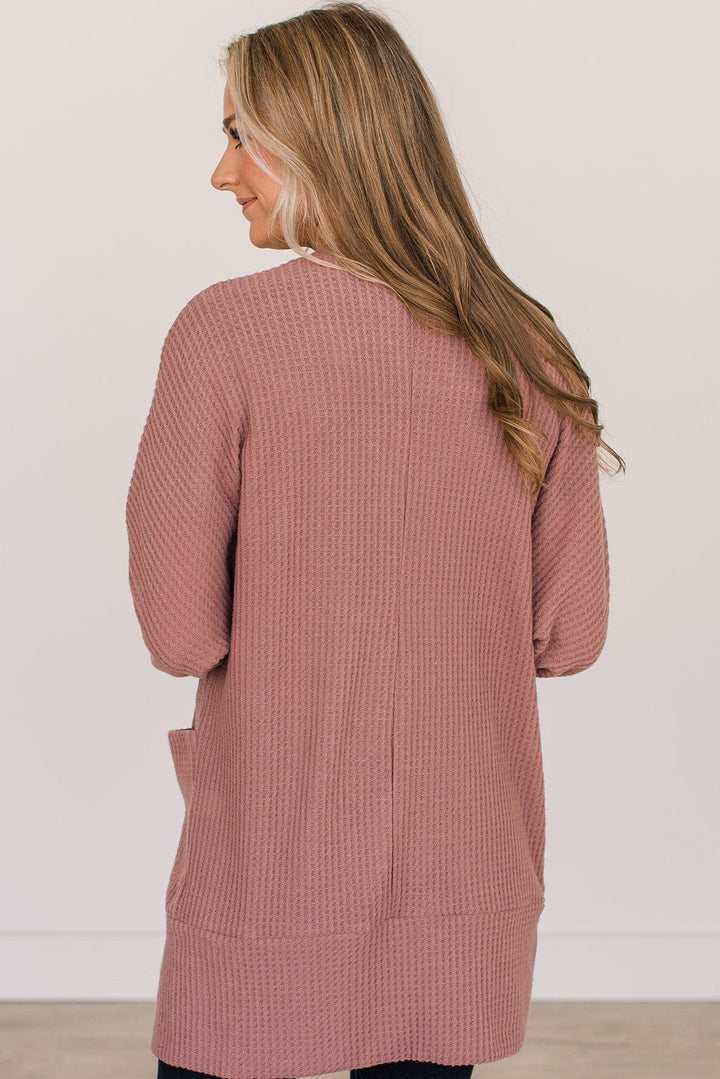Mineral Red Solid Color Waffle Knit Cardigan