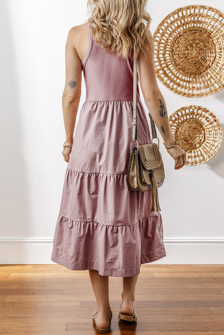 Ribbed Vest Patchwork Tiered Midi Dress with Pockets
