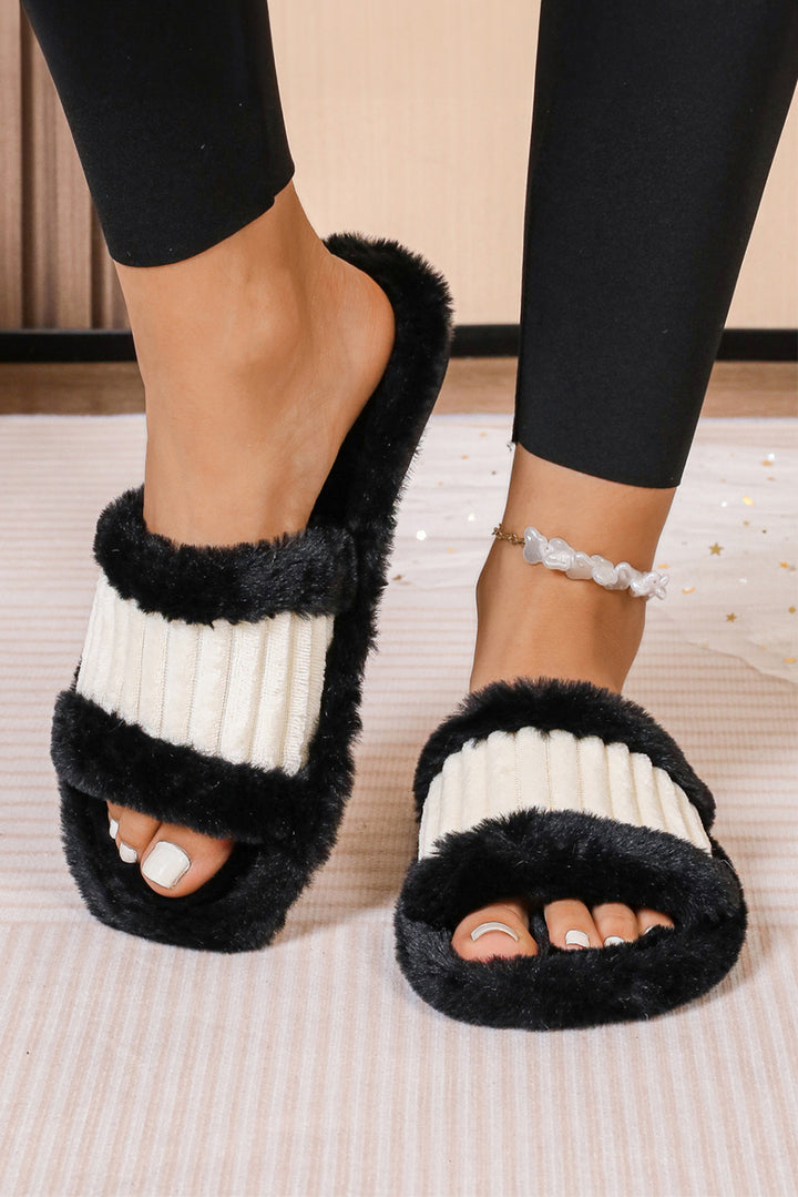 Plush Color Block Contrast Ribbed Patchwork Winter Slippers