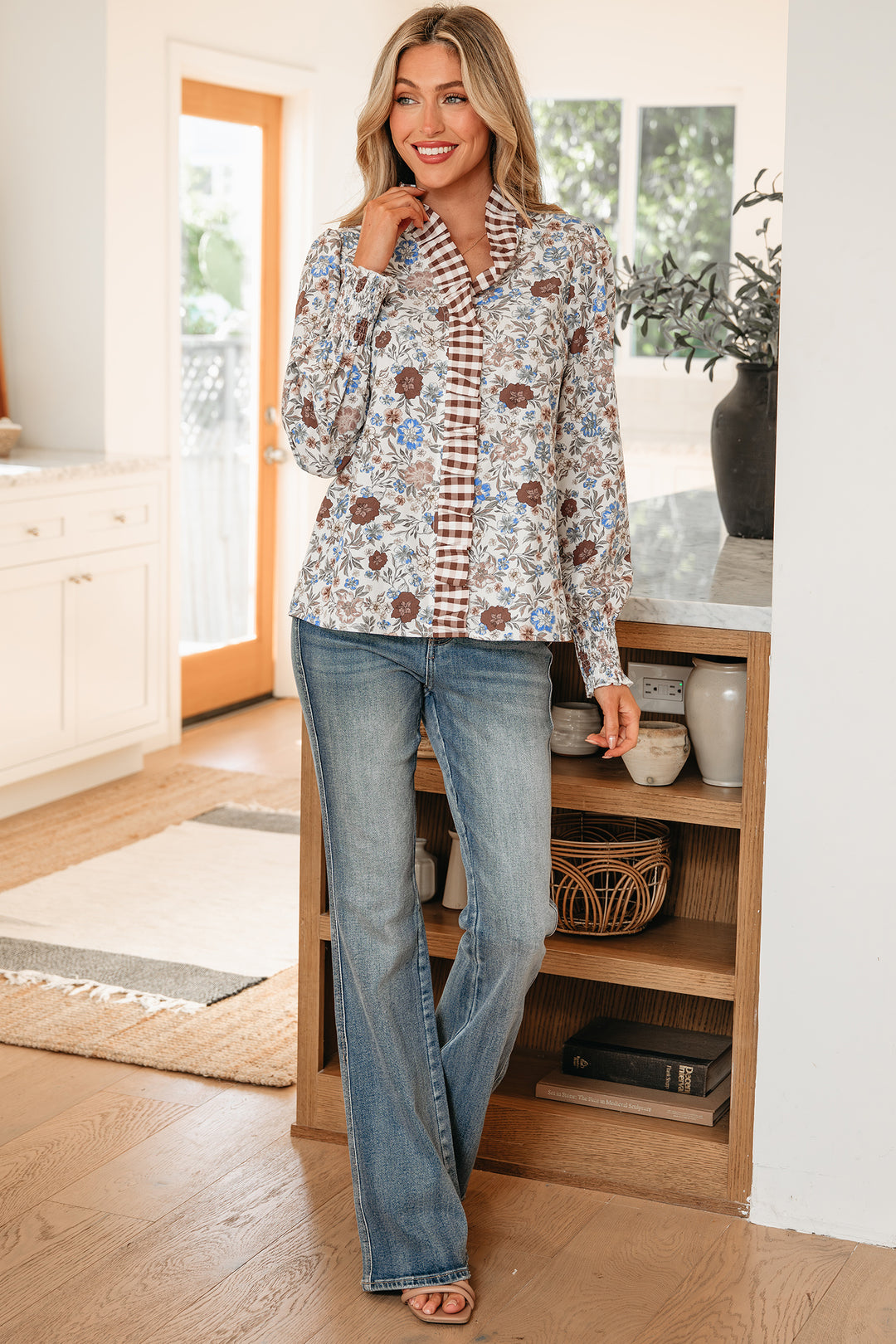 Plaid Frilled Trim V Neck Floral Long Sleeve Blouse