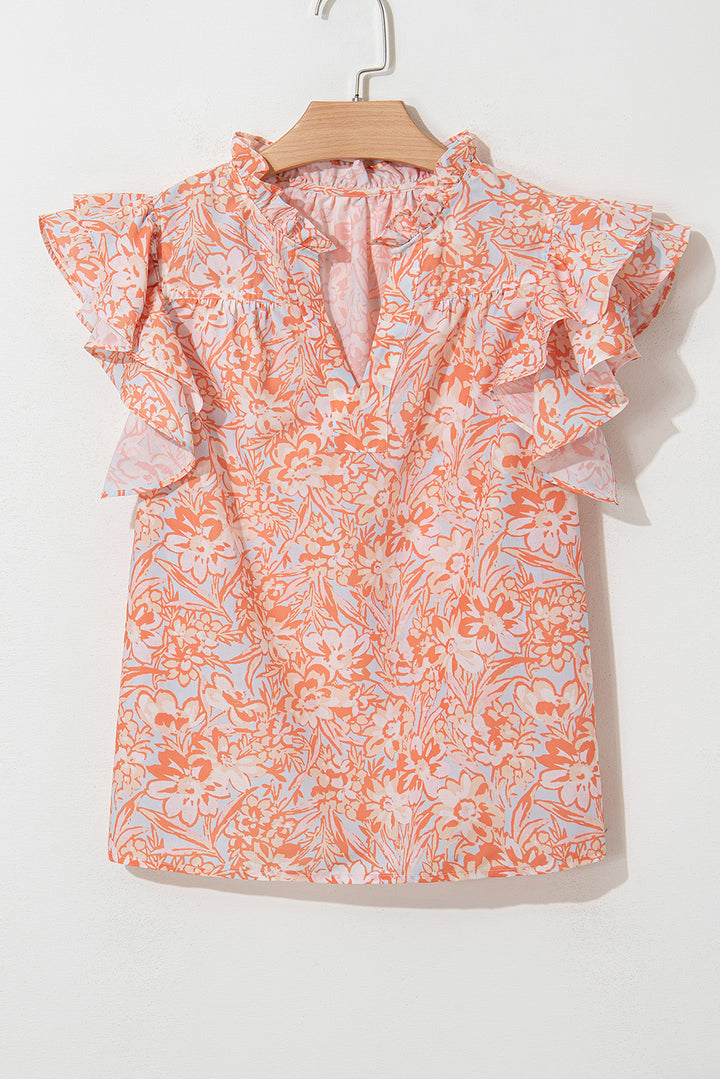 Floral Ruffle Sleeve Split Neck Blouse