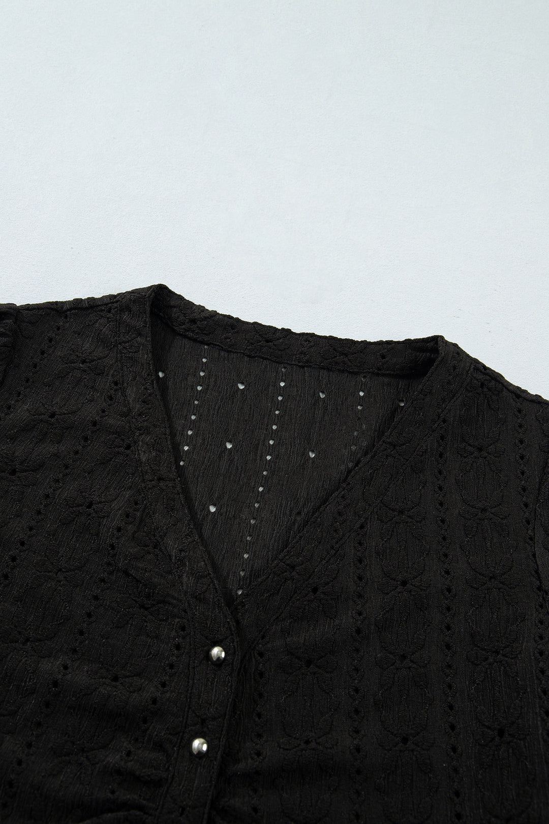 Black V Neck Floral Knit Long Sleeve Button Front Fit Blouse