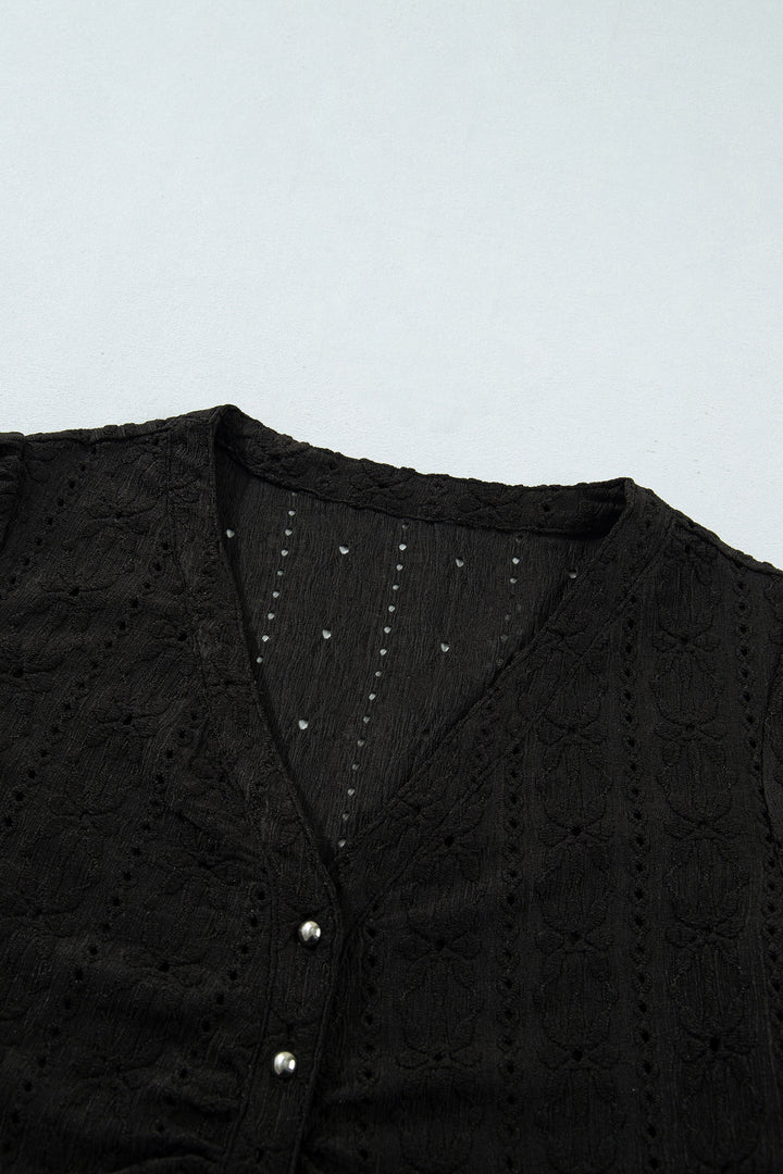Black V Neck Floral Knit Long Sleeve Button Front Fit Blouse