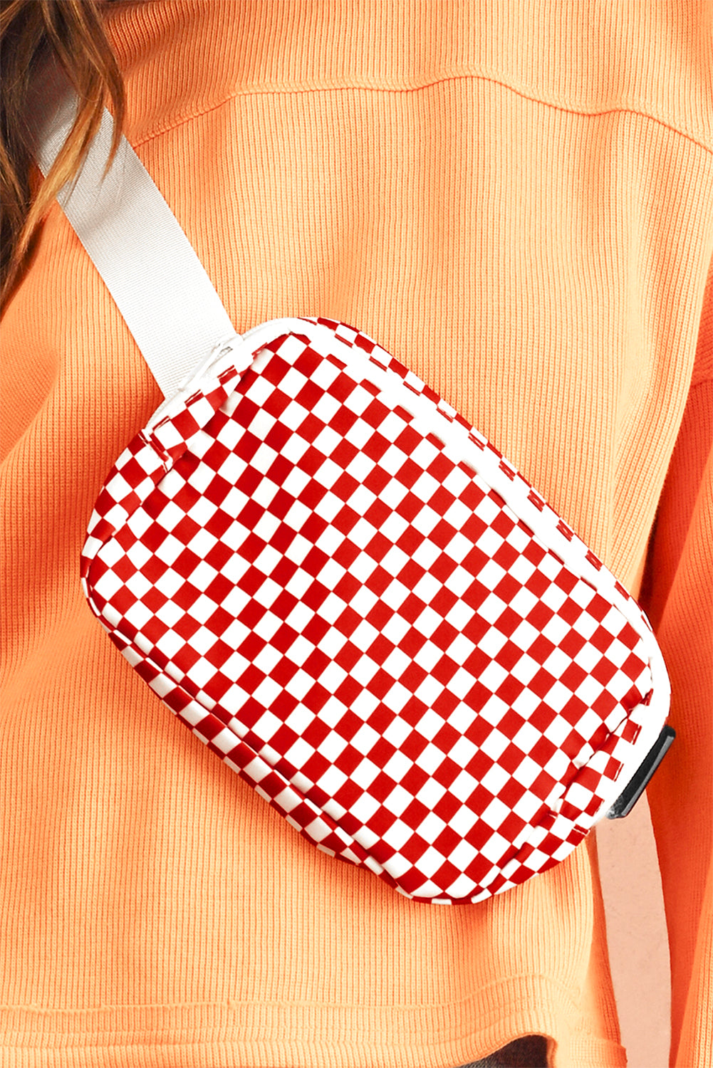Checkered Print Zipped Buckle Strap Crossbody Bag