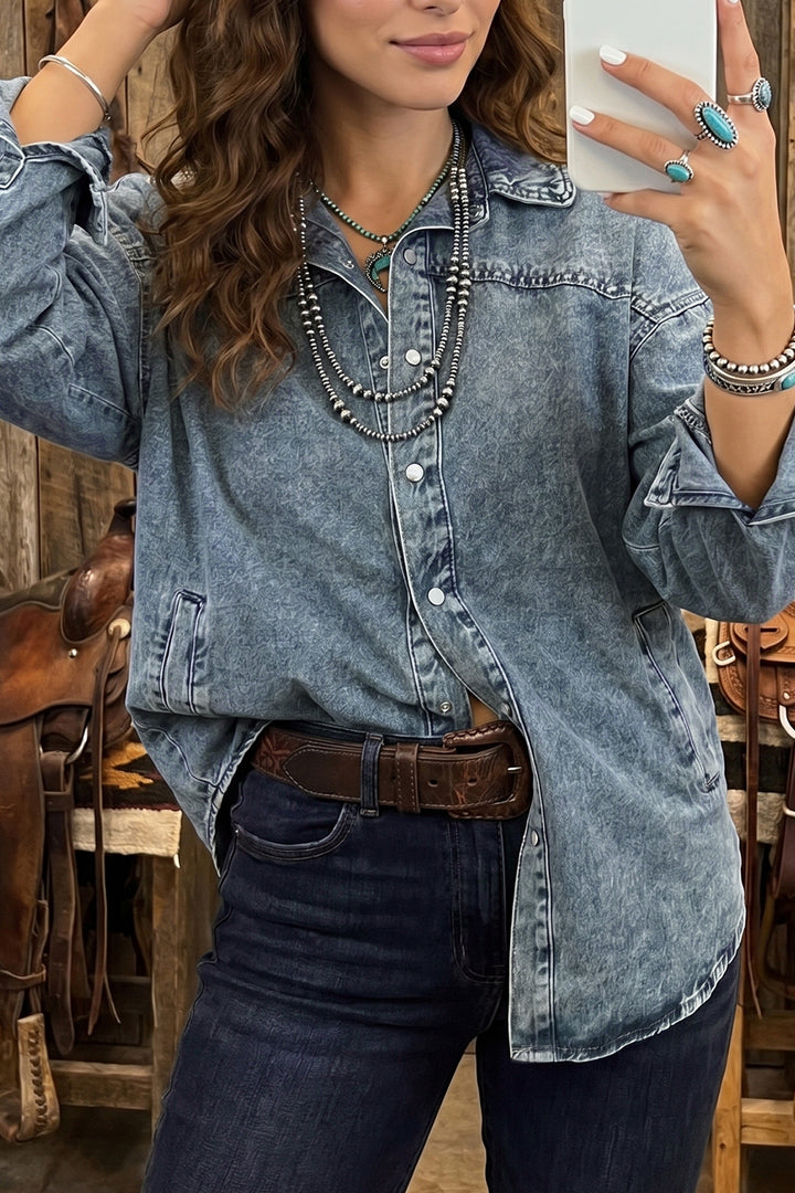 Dusk Blue Western Shirt Collar Tunic Denim Jacket