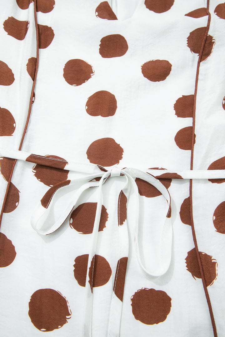 White Polka Dot Printed V Neck Short Sleeve Tie Waist Midi Dress