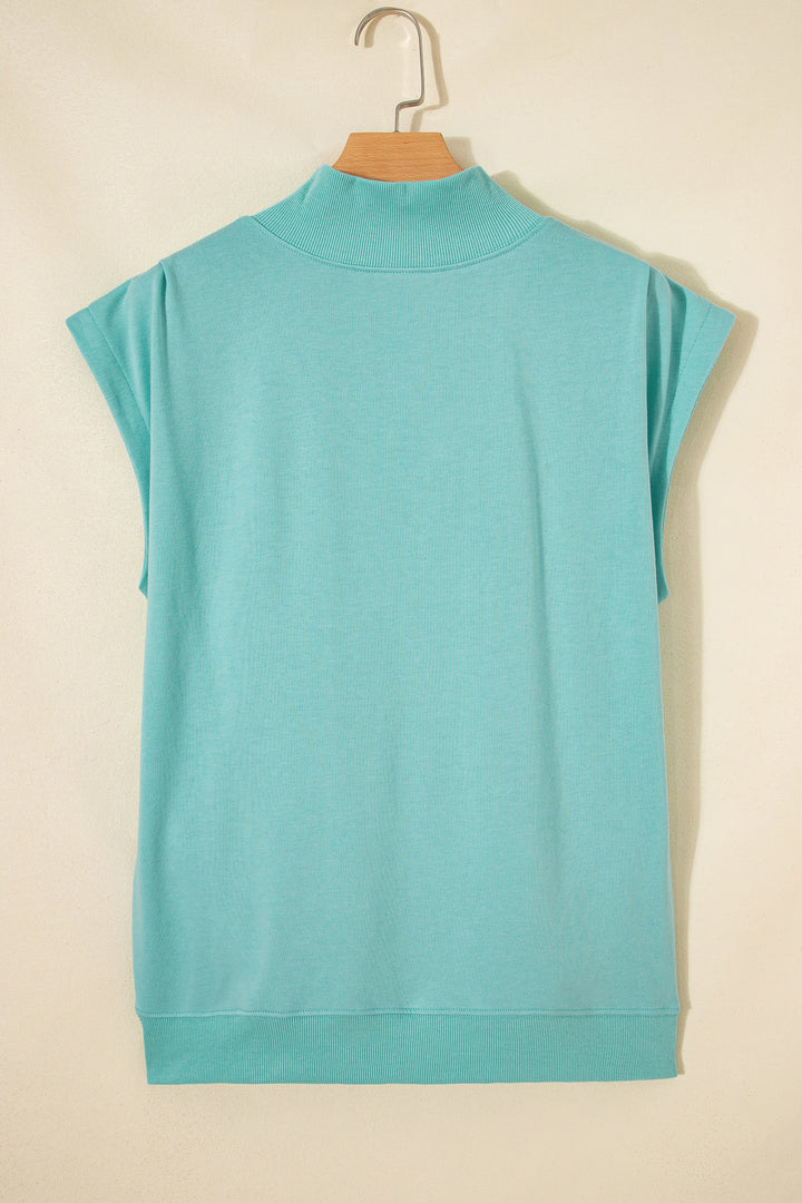 Mint Green Solid Color High Neck Cap Sleeve Loose Top