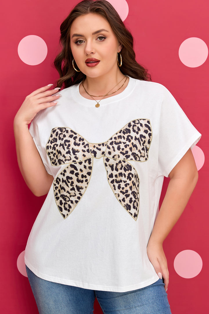 White Plus Size Leopard Bow Embroidered Patch Casual Cotton T Shirt
