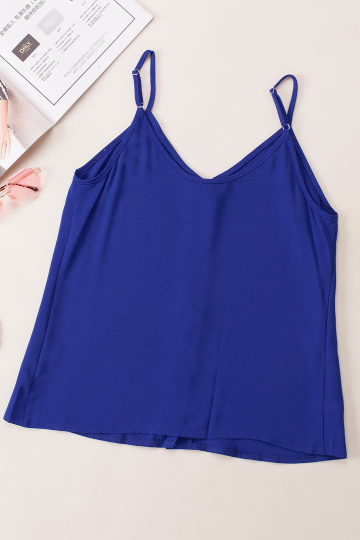 Blue Customizable Solid Color Spaghetti Strap Button Front Tank Top