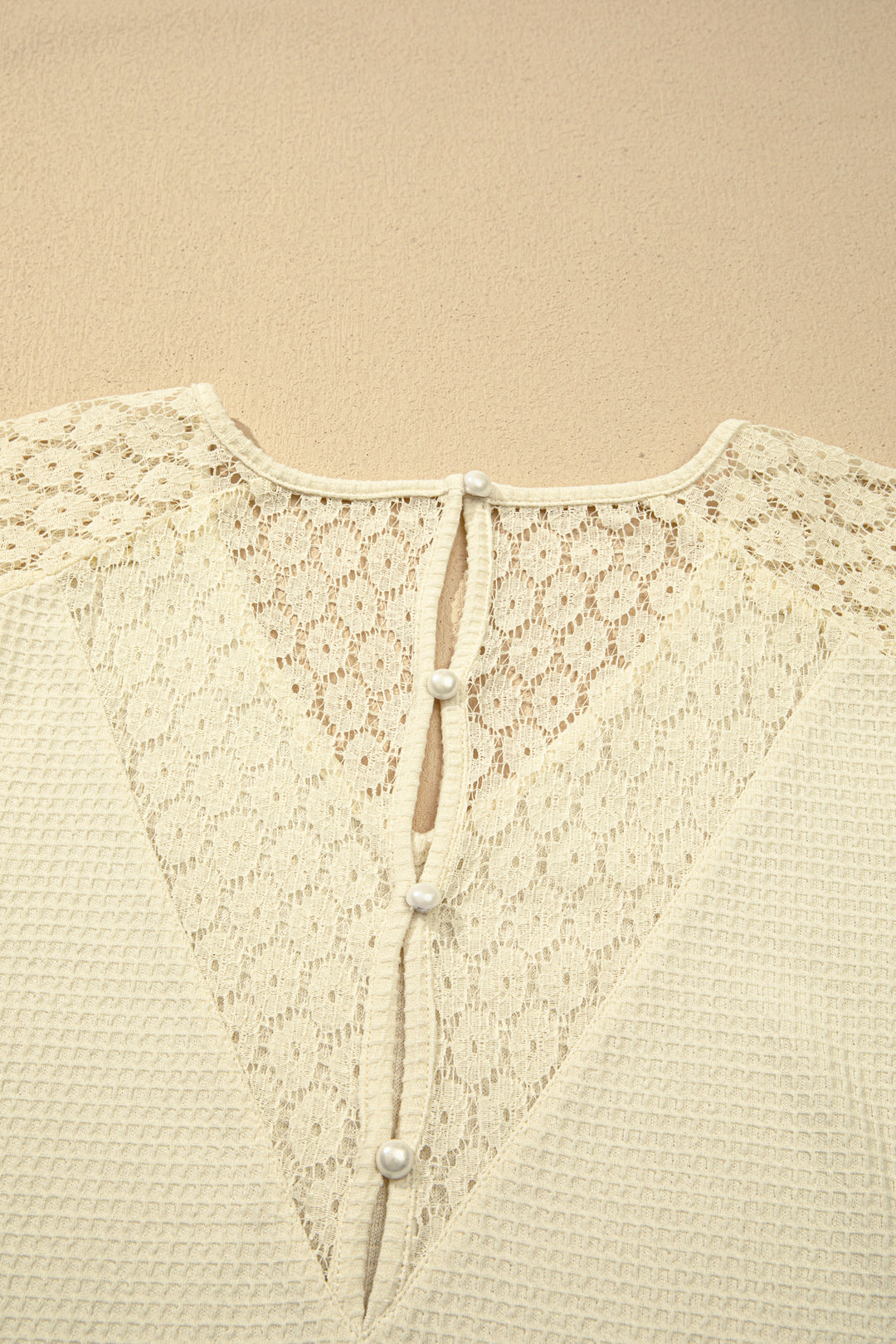 Beige Lace Splicing Button Cutout V Neck Waffle Knit Blouse