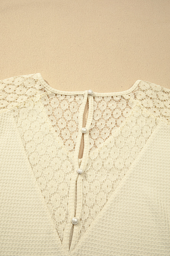 Beige Lace Splicing Button Cutout V Neck Waffle Knit Blouse