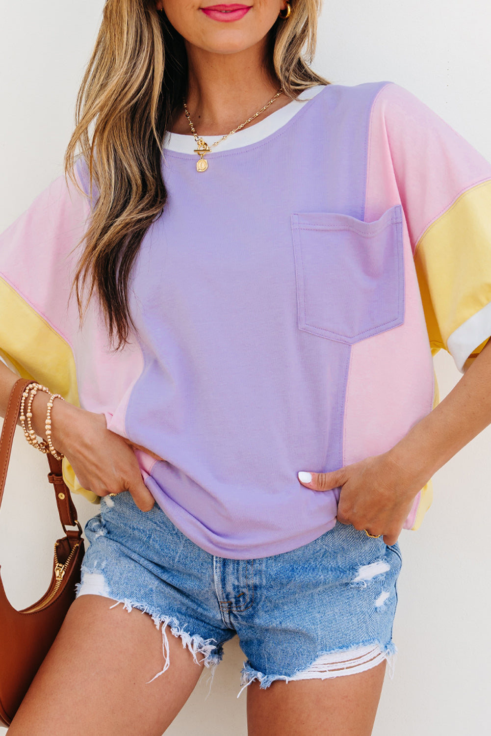 color block patchwork half sleeve oversized t shirt