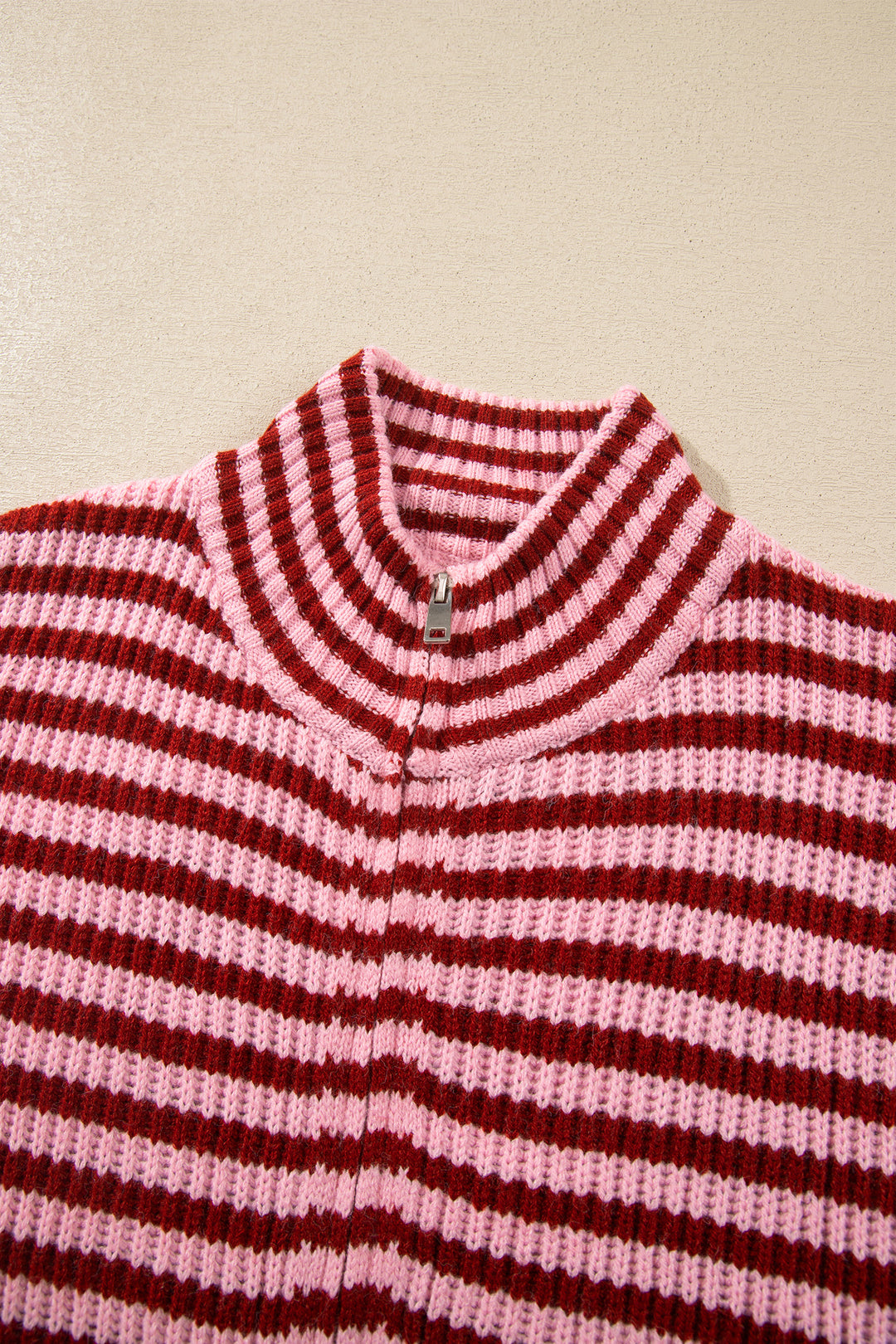 Red Stripe Striped High Neck Zip-up Sweater Long Sleeve Casual Fit Drop Shoulder Open Front Cardigan