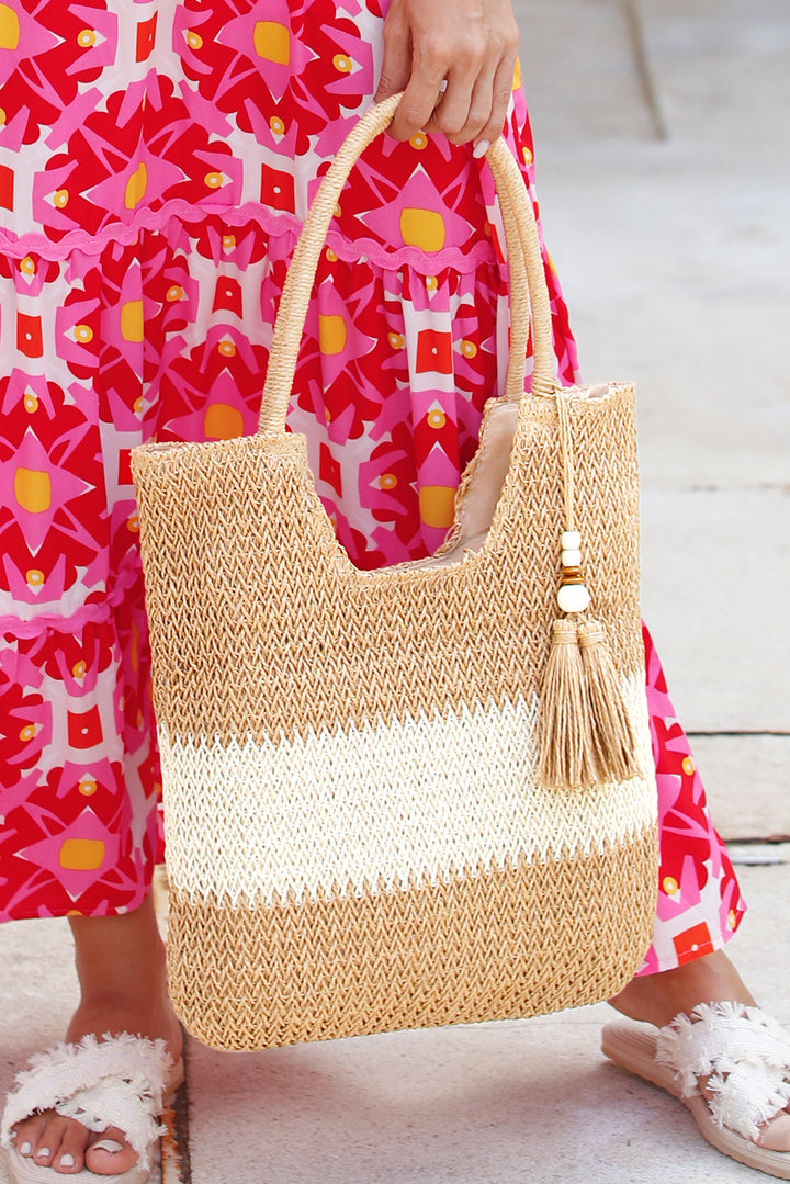 Color Block Straw Woven Tassel Decor Tote Bag