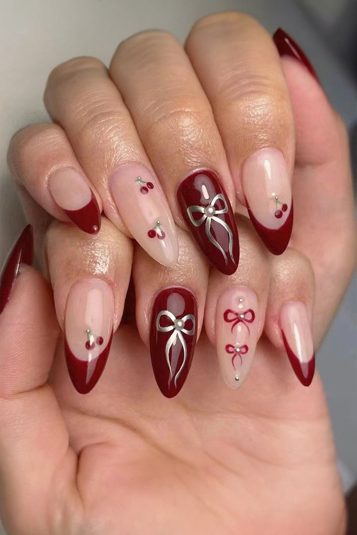 Bow Cherry Pearled Almond Shape Nail Stickers with Jelly Glue