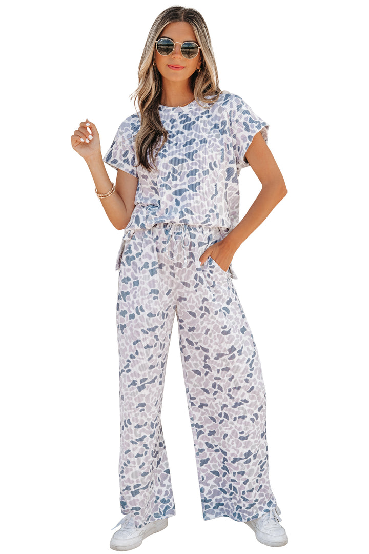 Beige Camouflage Print Twisted Rib Loose Tee Drawstring Pants Set