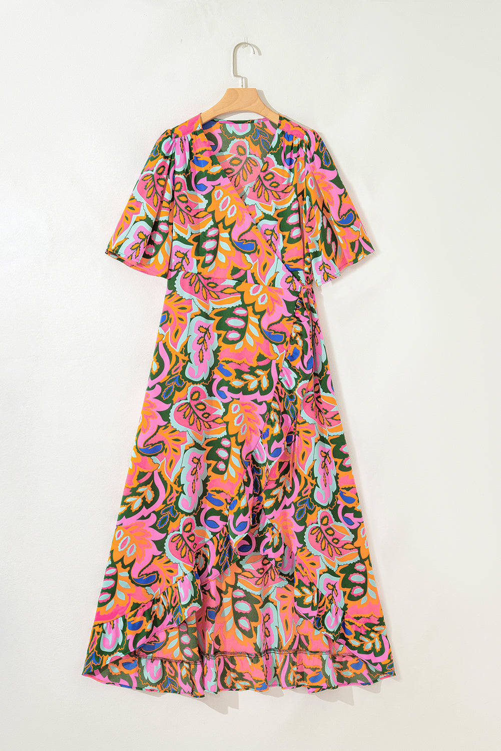 Summer Plant Print Surpliced V Neck Ruffled Asymmetric Slit Wide Maxi Dress