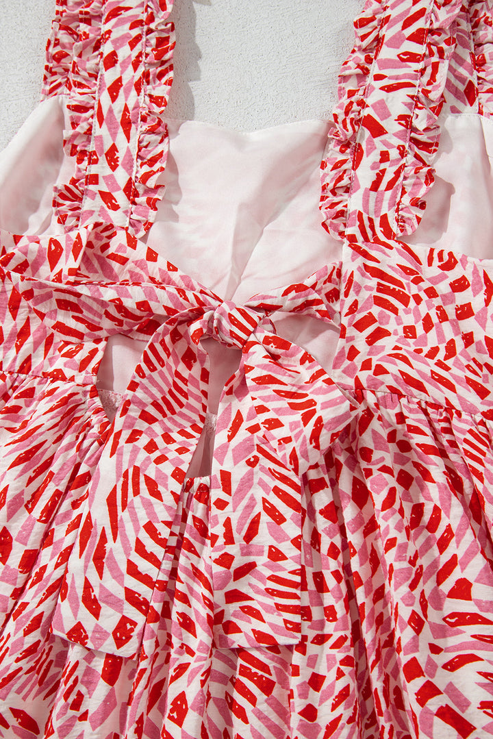 geometric print knot back sleeveless ruffle hem dress