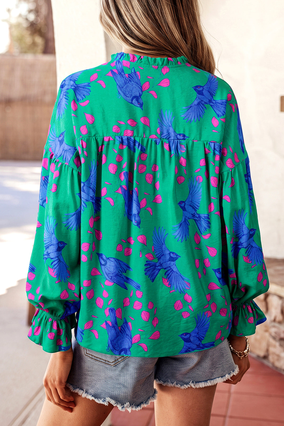 Green Abstract Print Flounced Puff Sleeve Blouse