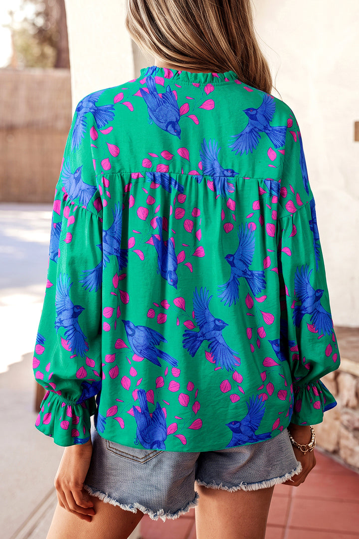 Green Abstract Print Flounced Puff Sleeve Blouse