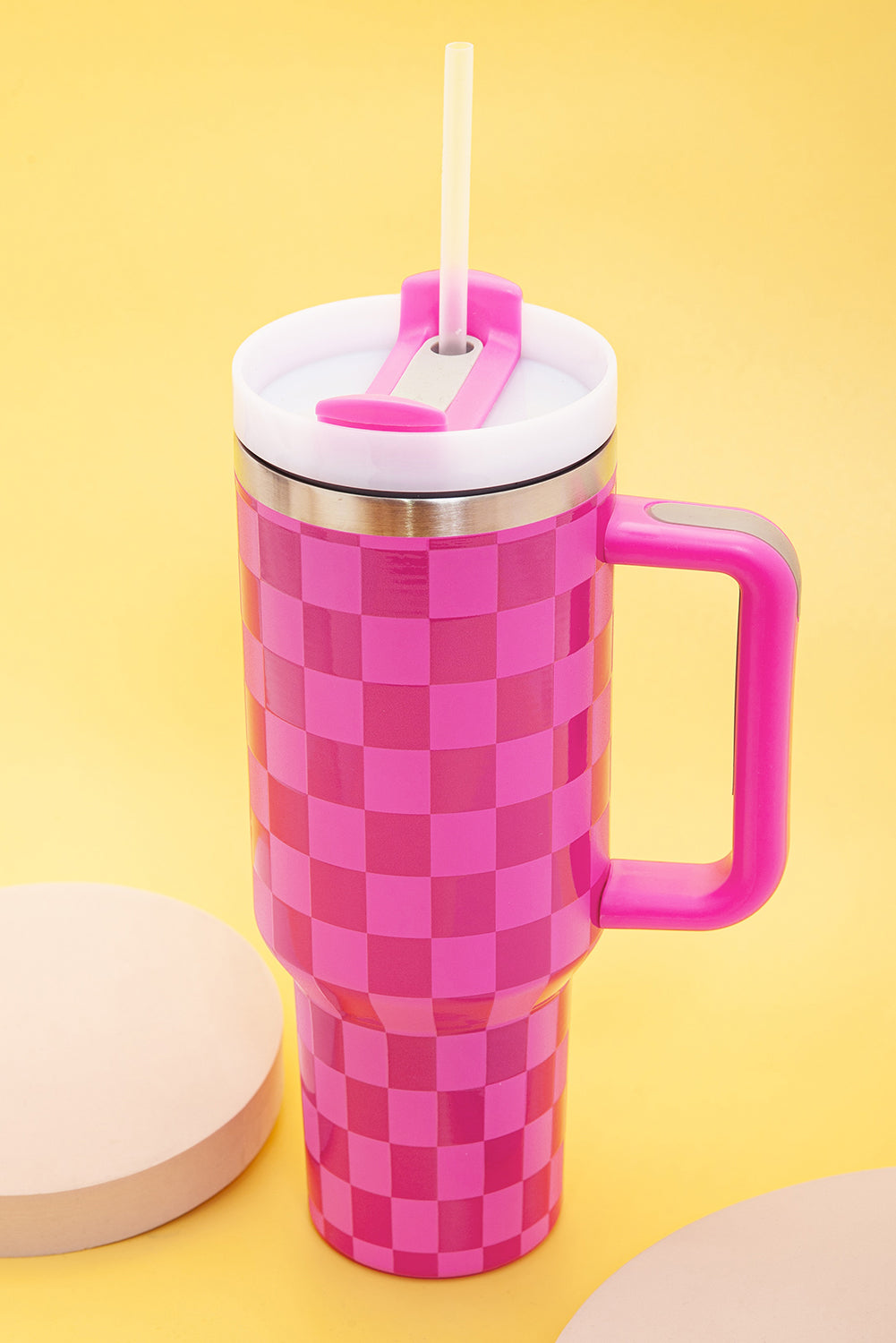 Checkered Print Handled Stainless Steel Tumbler Cup 40oz