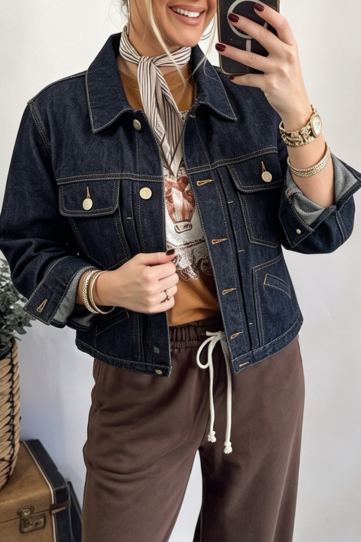 Navy Blue Contrast Stitched Detail Pocketed Vintage Denim Jacket