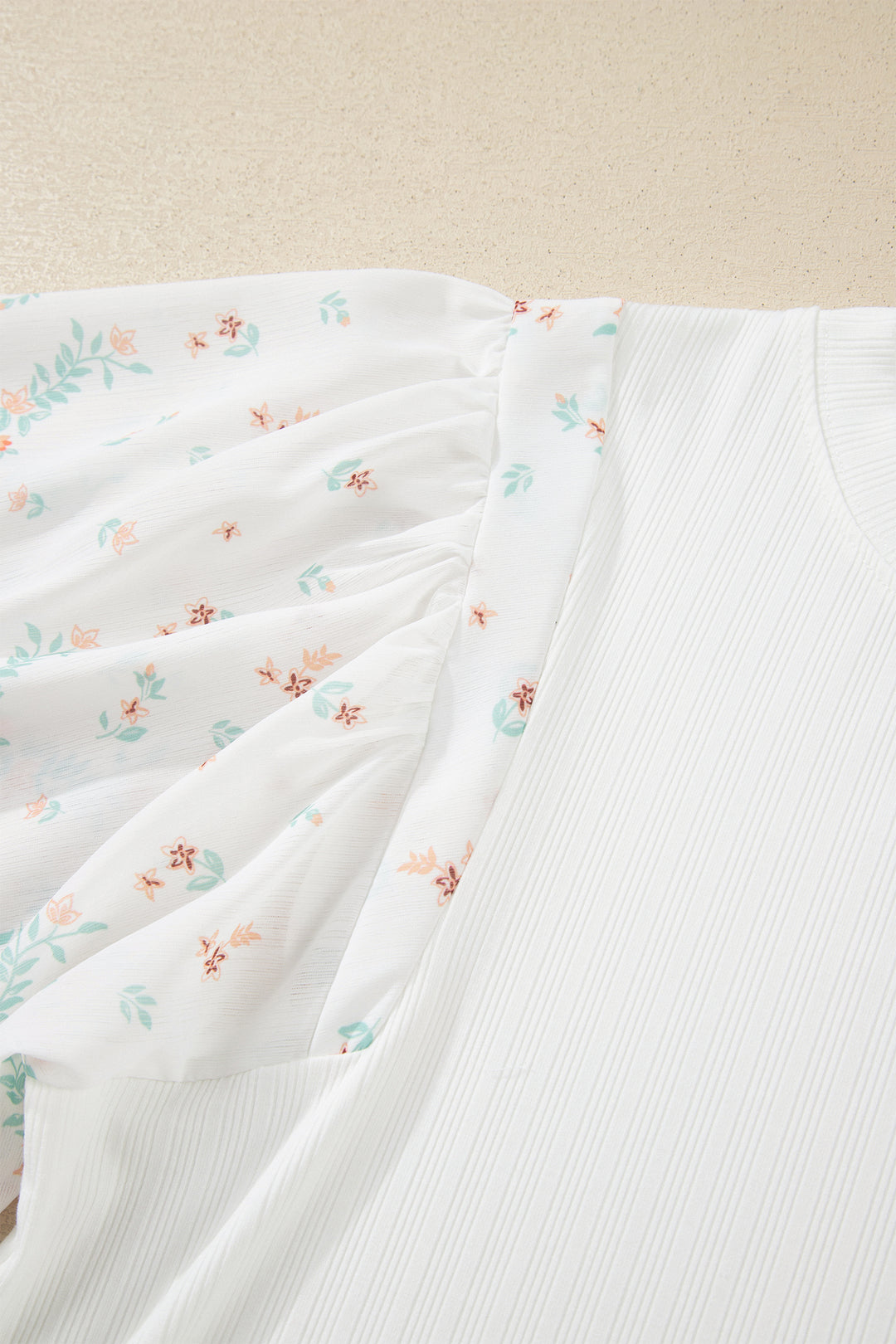White Ribbed Texture Floral Print Half Sleeve Patchwork Top