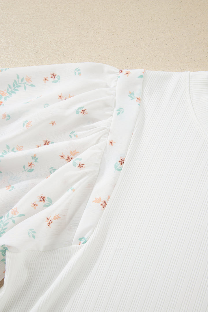 White Ribbed Texture Floral Print Half Sleeve Patchwork Top