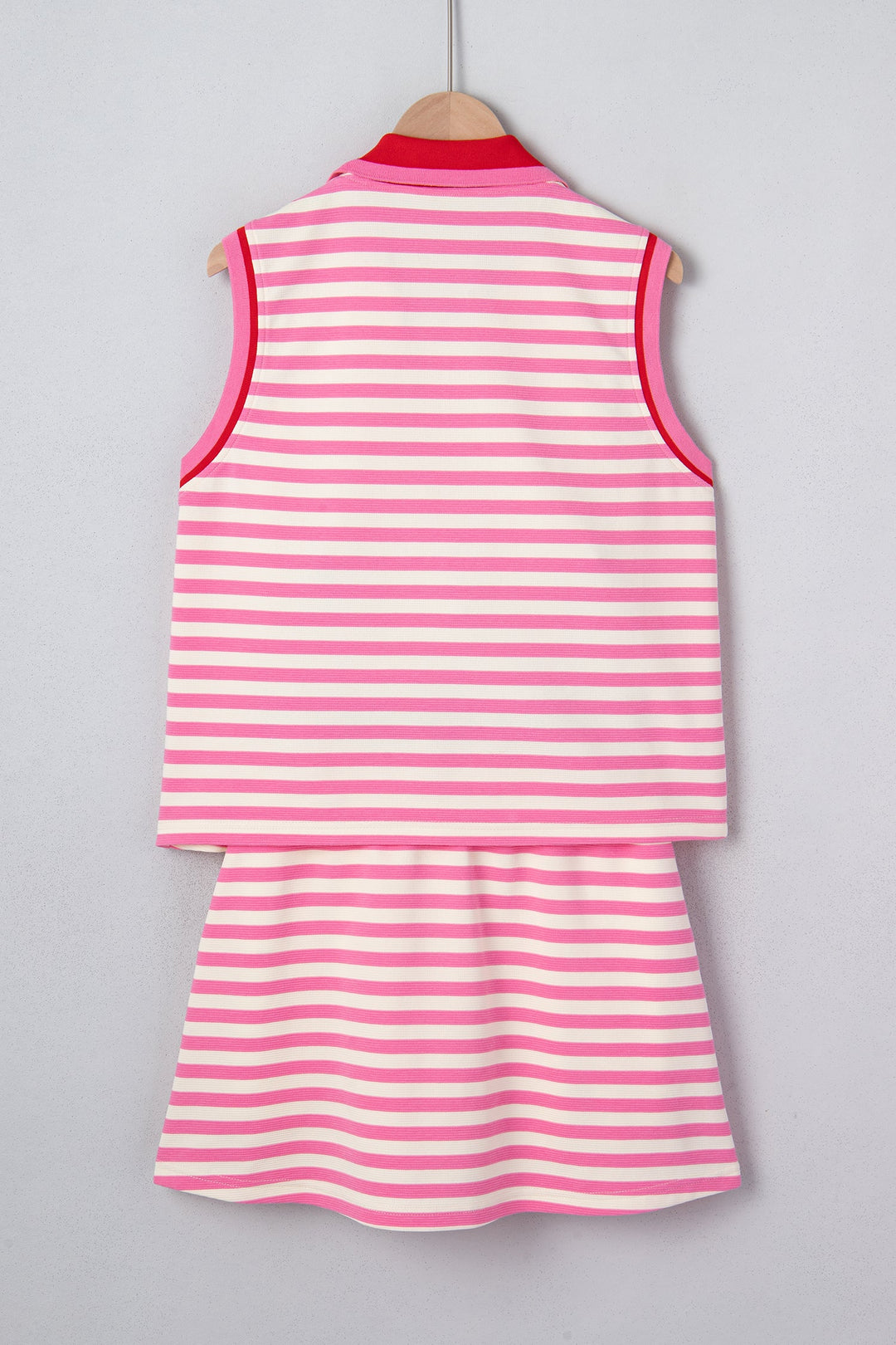 Sachet Pink Textured Stripe Print Contrast Trim Zip Collar Sleeveless 2pcs Skort Set