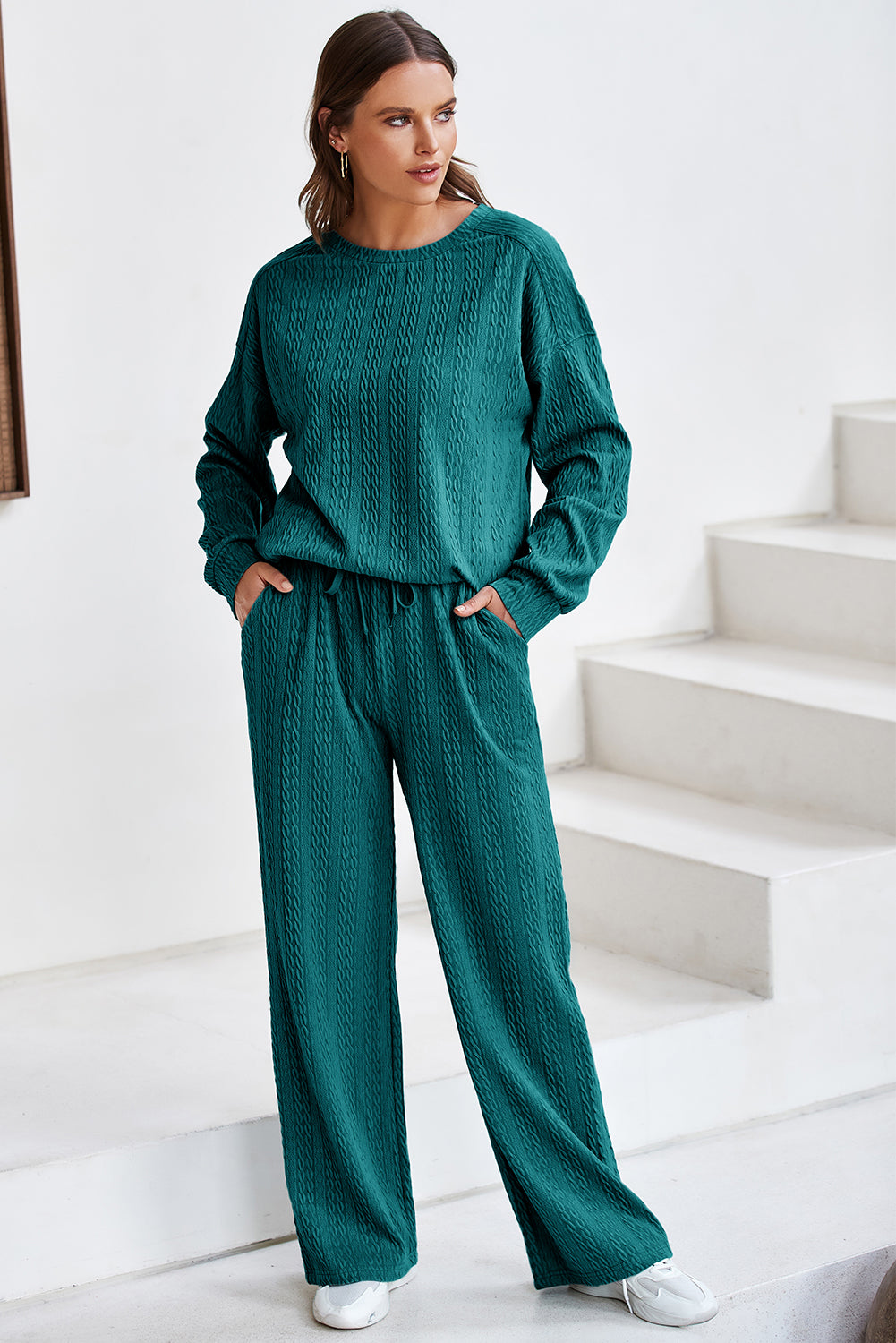 Sea Green Textured Round Neck Sweatshirt &amp; Loose Drawstring High Waist Pant Set