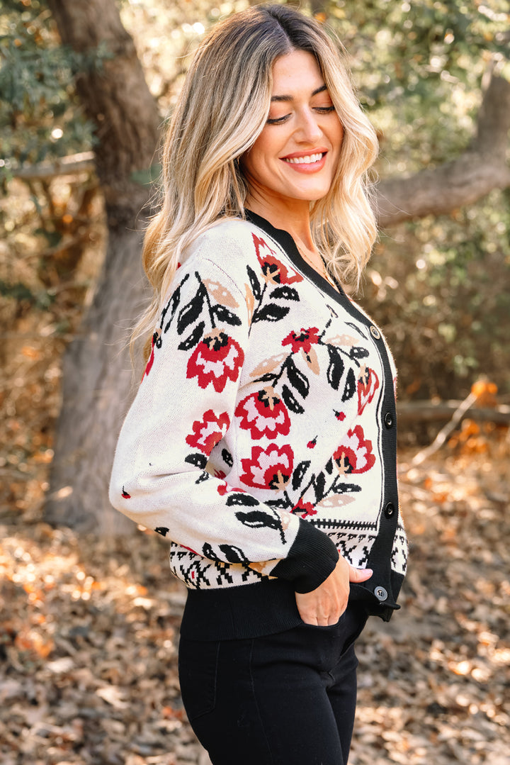 Floral Print Buttoned Front V Neck Knit Cardigan