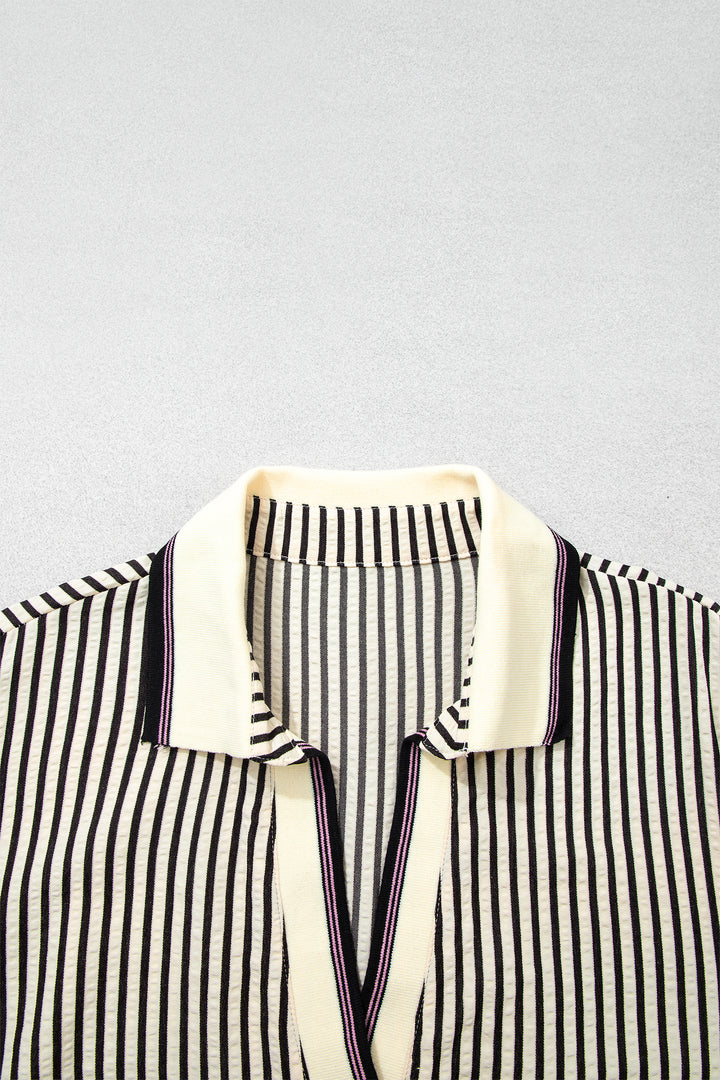 Black Stripe Patchwork V Neck Tunic Plus Size Blouse