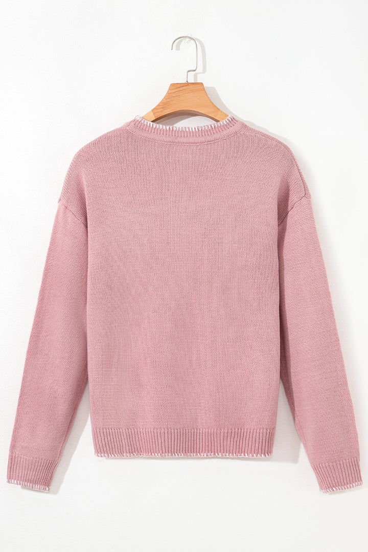 Pink Bow Pattern Contrast Trim Christmas Loose Graphic Sweater