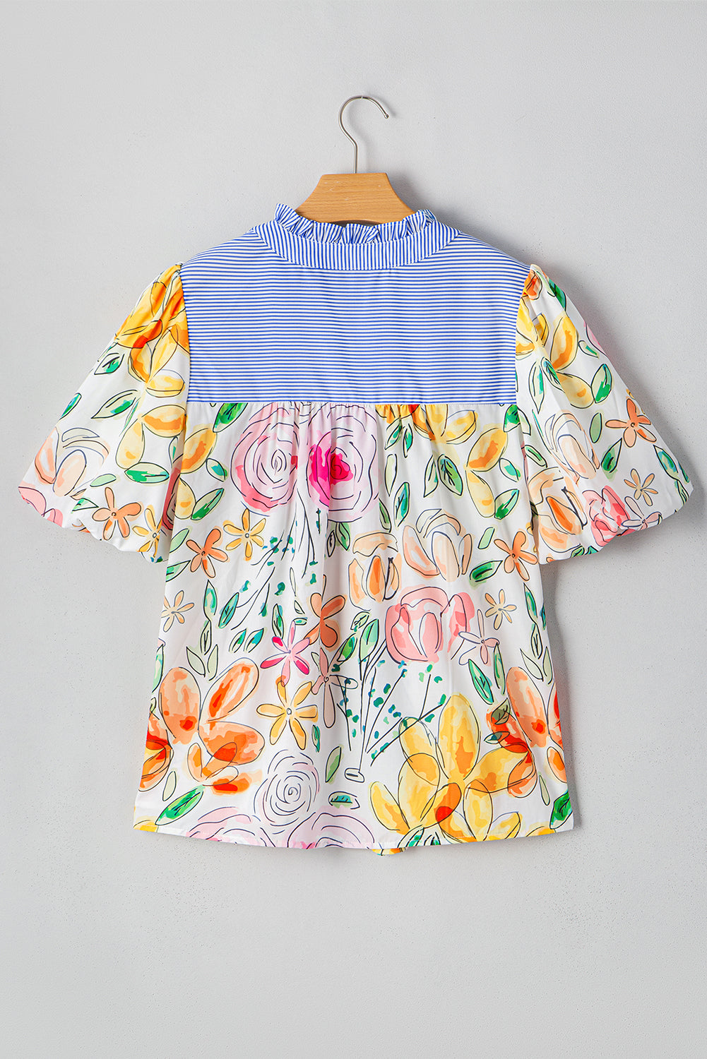 DEARLOVER  Floral Print Striped Yoke Frilled V Neck Puff Short Sleeve Blouse