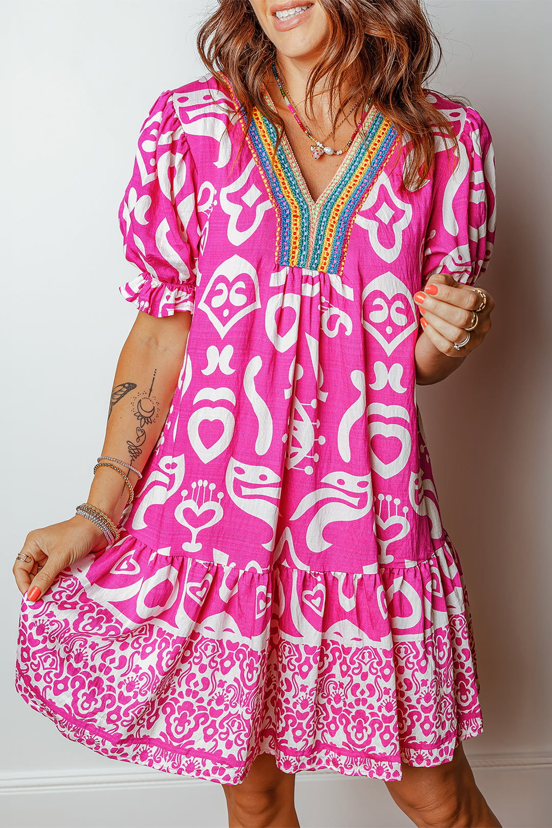 Boho Mixed Print Contrast Trim V Neck Short Sleeve Flared Dress