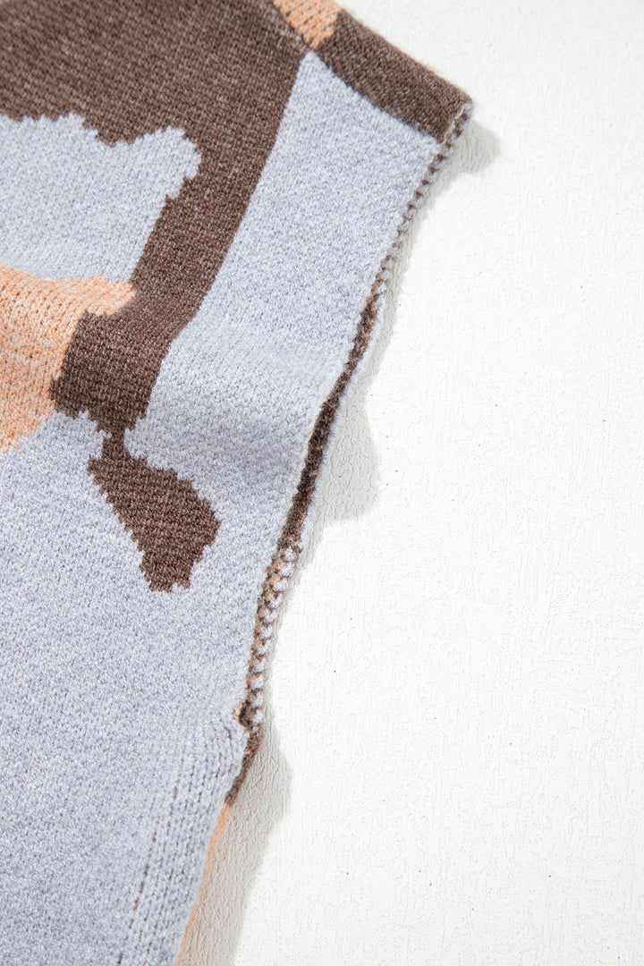 Gray Camouflage Pattern Drop Shoulder High Neck Short Sleeve Shift Sweater
