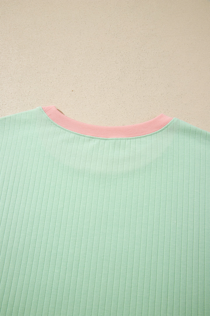 Clearly Aqua Soft Ribbed Color Block Trim Casual Short Set