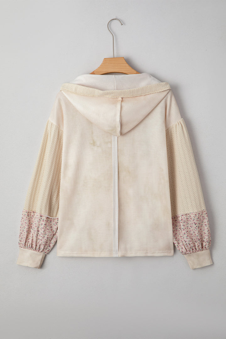 Beige Floral Patched Waffle Textured Colorblock V Neck Casual Hooded Top