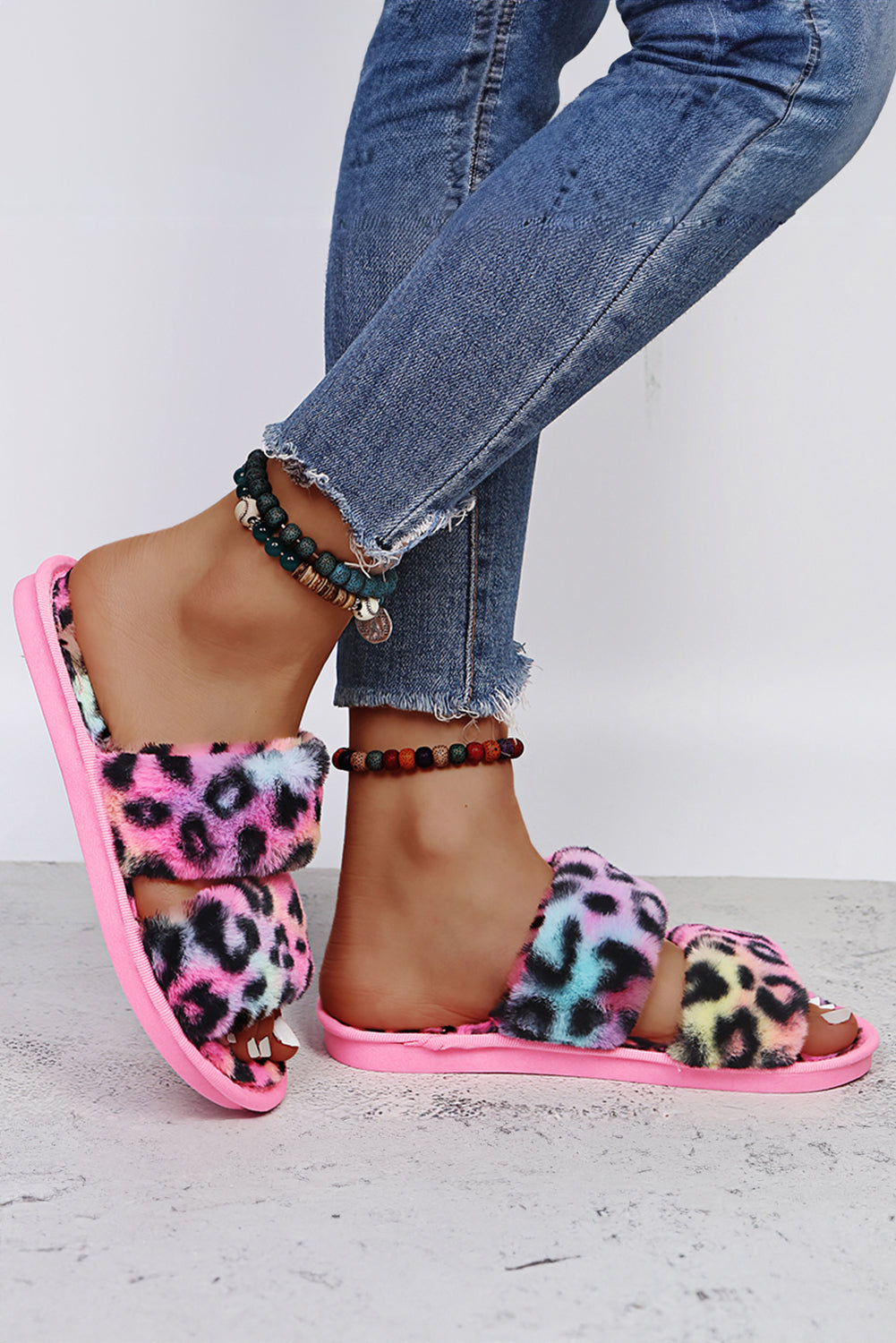 Bold Plush Leopard Double Band Flat Slippers