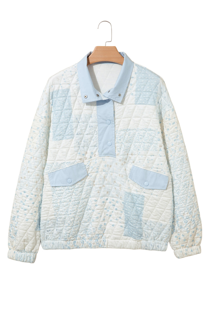 Multicolour Floral Quilted Half Button Pocketed Pullover Sweatshirt
