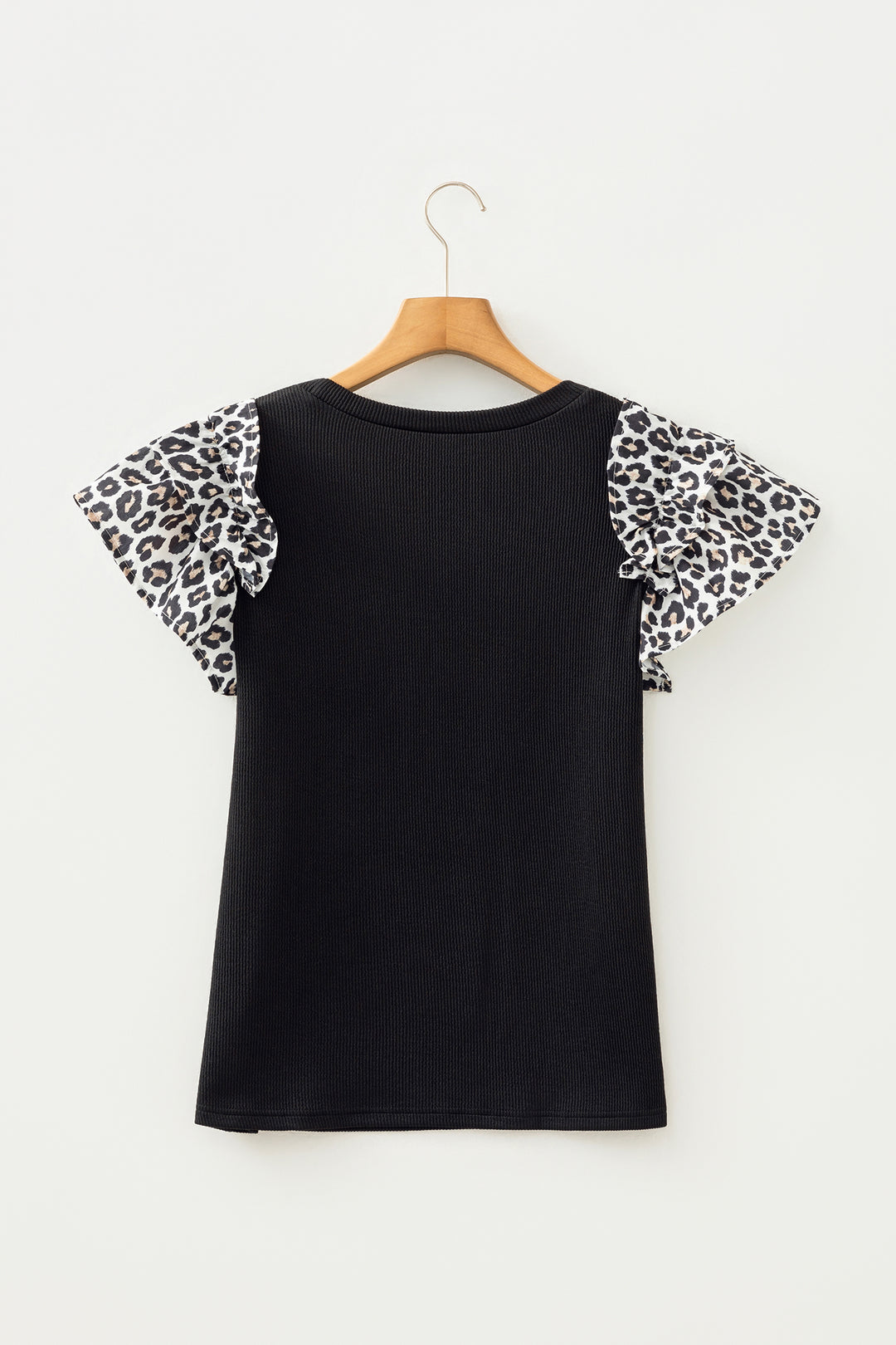 Contrast Leopard Ruffled Short Sleeve Ribbed Knit Top