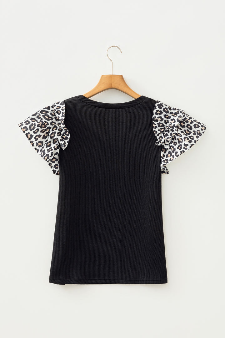 Contrast Leopard Ruffled Short Sleeve Ribbed Knit Top
