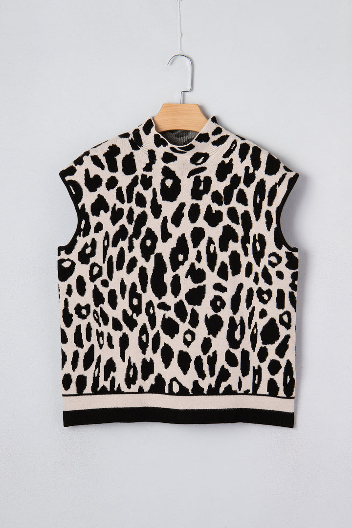 Leopard Print High Neck Short Sleeve Sweater