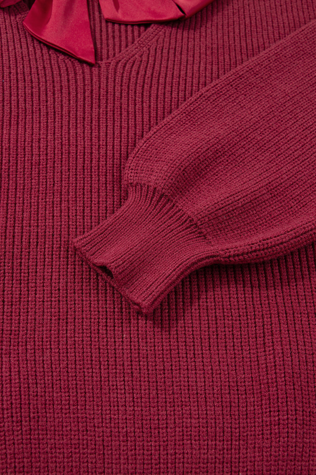Ribbed Knit Ribbon Knot Backless Drop Shoulder Sweater